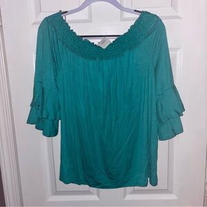 Vine & Love women’s size L teal green off the shoulder bell sleeve blouse